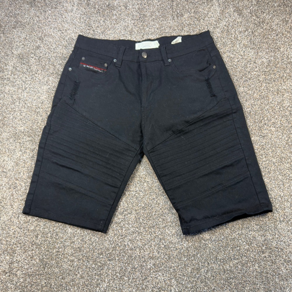 Jeanius Y2K Moto Denim Shorts Mens Black Distressed Biker Streetwear Size 38